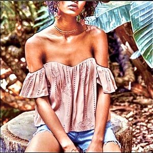 Astr the Label Amara off the shoulder eyelet embroidered crop top